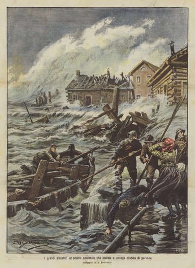 大災害、数十人を投資し溺死させる巨大な洪水 作： Achille Beltrame